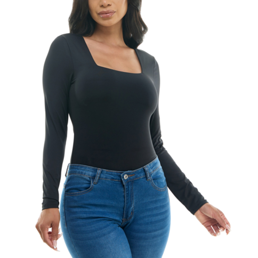 Crave Fame Juniors Square Neck Long Sleeve Bodysuit in Black, Size Small